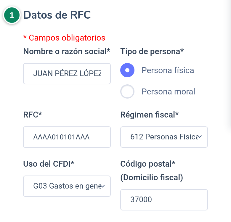 «Datos de RFC» (1) con datos de ejemplo: JUAN PÉREZ LÓPEZ en «Nombre o razón social*», «Persona física» marcada, AAAA010101AAA en «RFC*», 612 en «Régimen fiscal*», G03 Gastos en general en «Uso del CFDI*» y 37000 en «Código postal* (Domicilio fiscal)».