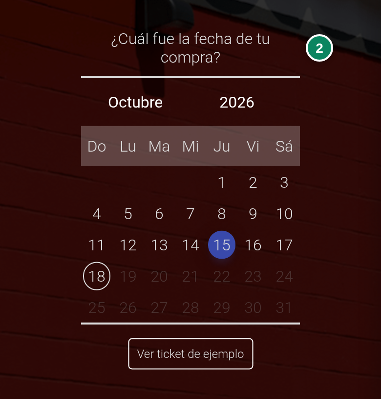Pregunta «¿Cuál fue la fecha de tu compra?» (2) con el calendario de octubre de 2026, el 15 elegido y los días posteriores al 18 en gris.
