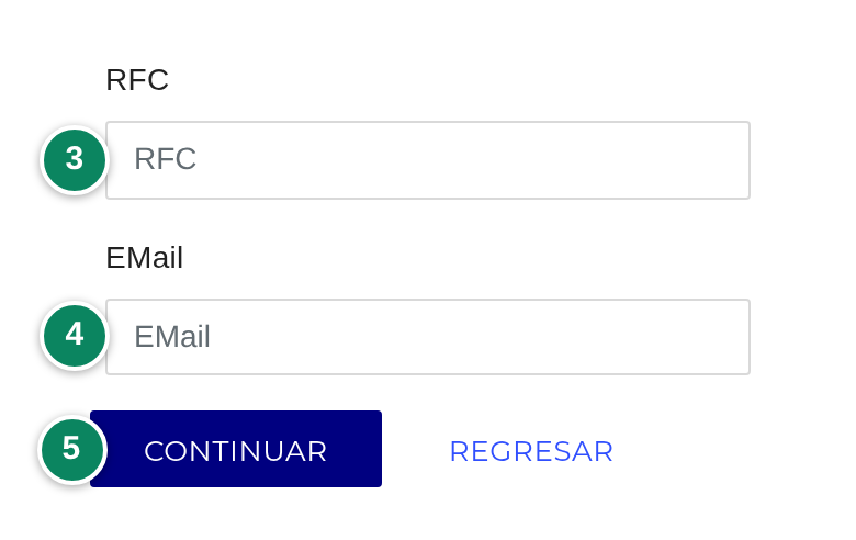 Los campos vacíos «RFC» (3) y «EMail» (4), y los botones «CONTINUAR» (5) y «REGRESAR».