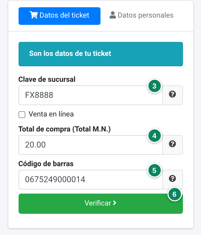 «Datos del ticket» de Factura-T en un celular, con los datos de su propio ticket de ejemplo: FX8888 en «Clave de sucursal» (3), 20.00 en «Total de compra (Total M.N.)» (4), 0675249000014 en «Código de barras» (5) y el botón «Verificar» (6).