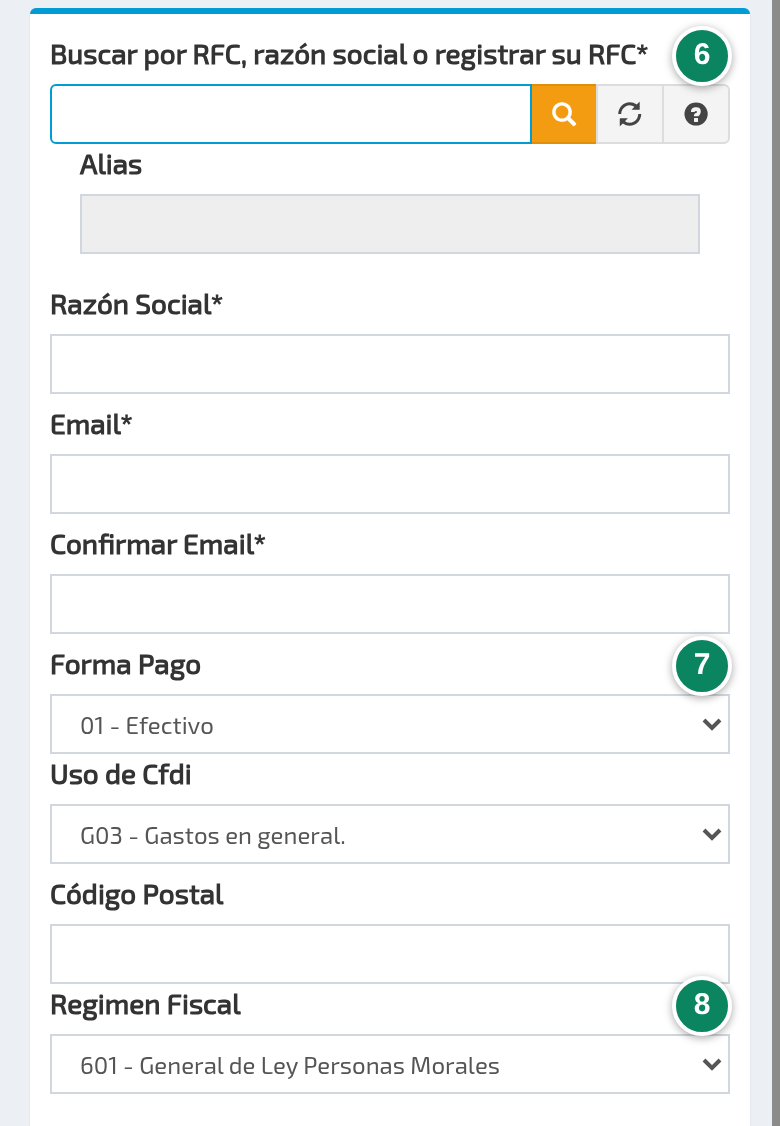 Pantalla Generar Factura de Gasofac en un celular, vacía, con «Buscar por RFC, razón social o registrar su RFC*» y el 6, Razón Social, Email y Confirmar Email, «Forma Pago» en «01 - Efectivo» con el 7, Uso de Cfdi, Código Postal y «Regimen Fiscal» en «601 - General de Ley Personas Morales» con el 8.