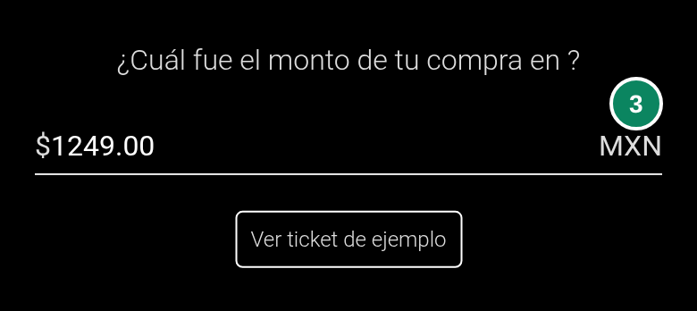 Pregunta «¿Cuál fue el monto de tu compra en ?» con $1249.00 de ejemplo y MXN en el campo (3).