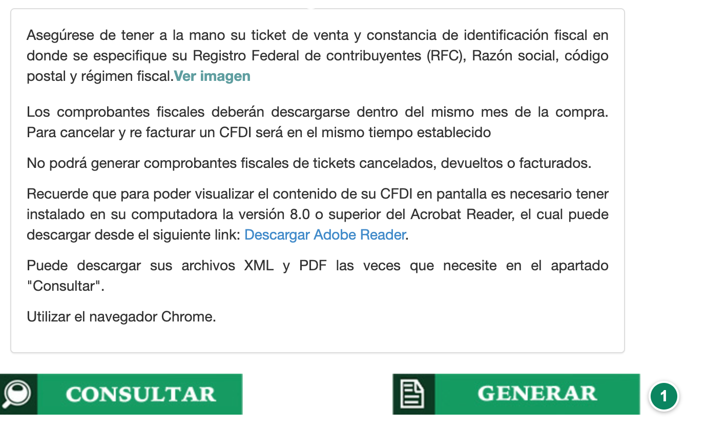 Bienvenida del portal de Salud Digna con el aviso «Los comprobantes fiscales deberán descargarse dentro del mismo mes de la compra» y los botones «CONSULTAR» y «GENERAR» (1).