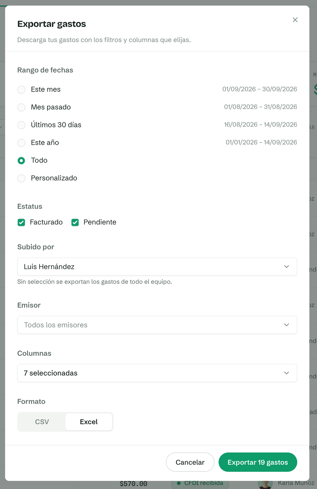 Ventana de exportación de Dedukta: rango de fechas, estatus, filtro por persona, emisor, selección de columnas y formato Excel o CSV.